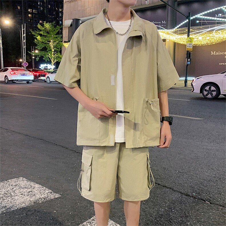 工装套装XZ5513-TP65控价98宽松多口袋魔术贴衬衫户外两件套男,男装衬衫,电商A102-1