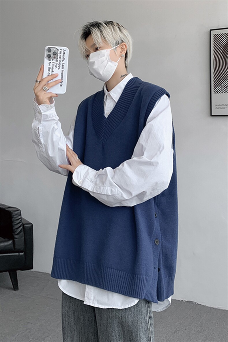 针织V领毛衣背心侧边下摆开叉马甲男叠穿外套日系慵懒坎肩9099P58,男装背心/马甲,电商B312