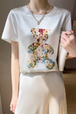 重磅真丝t恤女短袖印花桑蚕丝白色圆领小衫2024夏装半袖短款上衣，女装T恤，兴泰羊绒