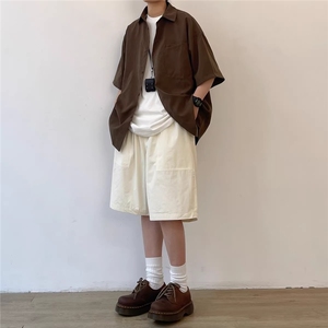 夏季日系复古纯色衬衣外套男女学院风潮牌宽松休闲短袖上衣衬衫潮图片