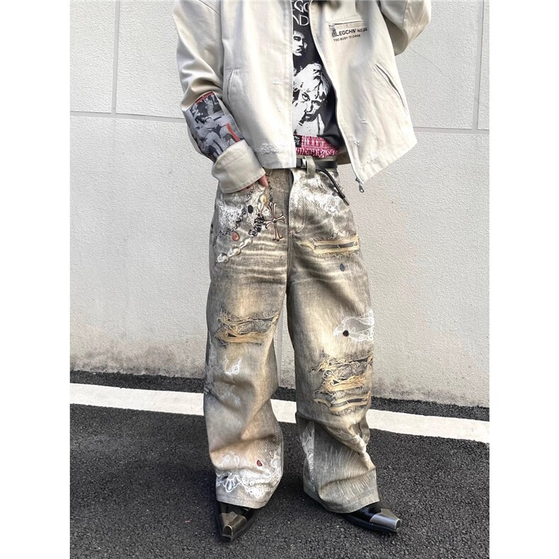 小众个性3D珠串印花宽松直筒牛仔裤长裤男女潮,男装牛仔裤,星座218-1（原230）