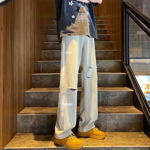2024夏季美式高街直筒阔腿破洞泼漆牛仔裤313A-1-NZ044-P55控68图片