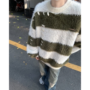 慵懒风穿绳水貂绒套头毛衣男秋冬韩版宽松撞色条纹针织衫 MY08图片