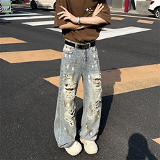 做旧破洞牛仔裤男女宽松垂感拖地美式复古裤子废土风NZ011-P52，男装牛仔裤，星座308B-1