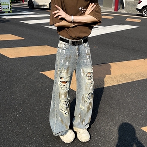做旧破洞牛仔裤男女宽松垂感拖地美式复古裤子废土风NZ011-P52图片
