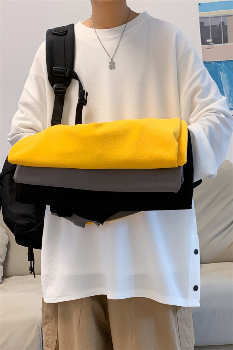 T3088/P25秋装现货新款排扣开叉长袖排口T恤男打底衫宽松大码上衣,男装T恤,电商A141