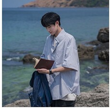 C52-P27无品牌慵懒百搭时尚日系少年感条纹短袖衬衫套装，男装休闲套装，电商B323A