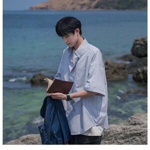 C52-P27 无品牌慵懒百搭时尚日系少年感条纹短袖衬衫套装图片