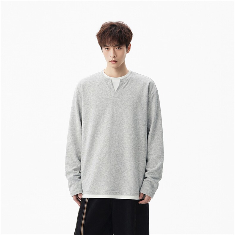 假两件V领卫衣美式潮流长袖上衣打底衫T恤男女C64145-TP3268,男装T恤,电商A102
