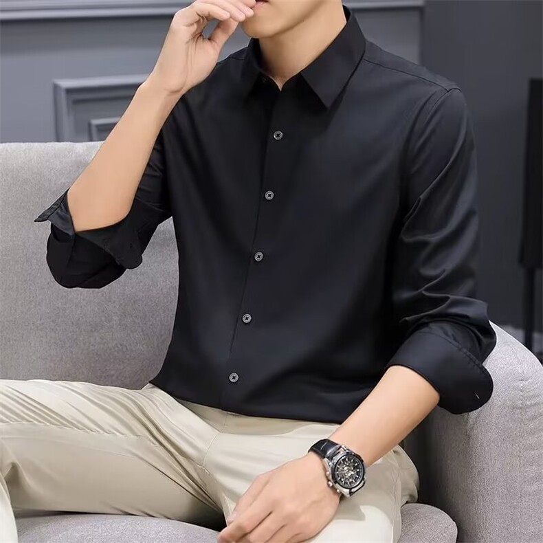 雅痞高级感休闲衬衫男2025春秋长袖纯色商务正装丝滑垂感衬衣男士图片
