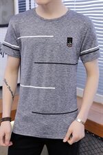 夏季冰丝短袖男横条卫衣男T恤男五分袖圆领套头印花男灰T9506，男装T恤，星座1207