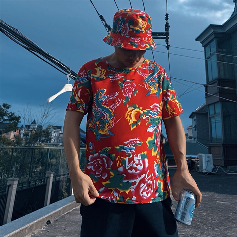 HT203夏男休闲东北大花民族风牡丹花圆领短袖T恤青少年大码男女潮，男装T恤，星座115A-2