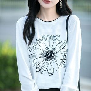 法式小众花朵刺绣针织衫女高级感外穿长袖T恤衫宽松慵懒早秋上衣图片