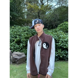 美式复古太极摇粒绒马甲外套男秋冬季棕色百搭背心HMY238图片