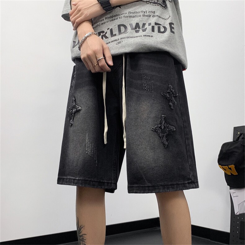 新款破洞牛仔短裤男夏季水洗裤子宽松潮流直筒五分裤D035-P43,男装牛仔裤,星座308B-2