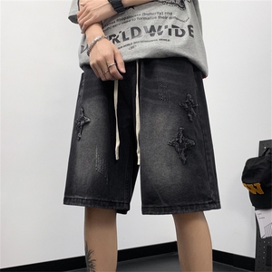 新款破洞牛仔短裤男夏季水洗裤子宽松潮流直筒五分裤D035-P43图片