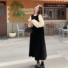 法式撞色丝绒连衣裙女2025春季新款设计感木耳边宽松显瘦小黑裙潮，女装连衣裙，2C108
