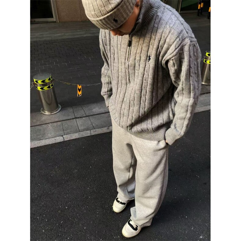 金戈铁马灰色RL半高领拉链毛衣男老钱风慵懒感加厚针织衫NB45P65，男装针织衫/毛衣，电商D256