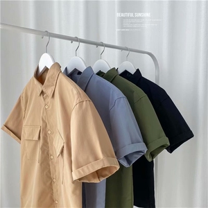 港风ins工装短袖衬衫男新款日系纯色百搭宽松五分半袖衫 W924-P25图片