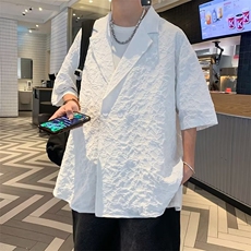 高级感浮雕花纹简约白衬衫男夏季韩版ins短袖7分衬衣潮~M48-p48，男装衬衫，星座601-2