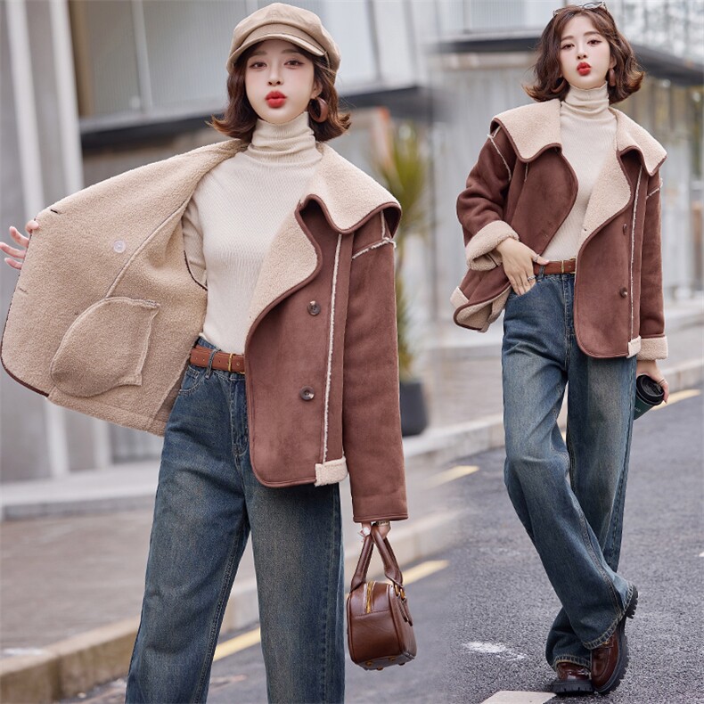 大翻领皮毛一体羊羔毛大衣女2025冬季新款小个子宽松麂皮绒短外套，女装短外套，慧尚依恋