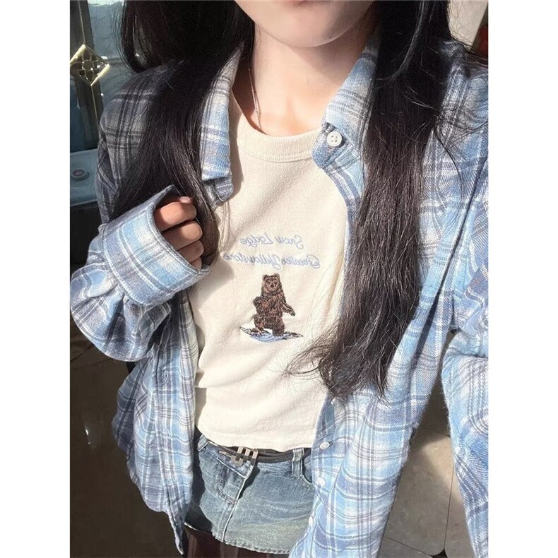 早春格子长袖衬衫女夏季防晒宽松外穿衬衣设计感小众翻领上衣外套,男装防晒衣,星座1210-1