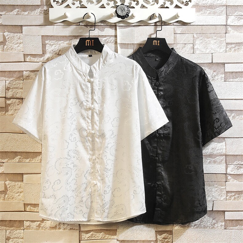 风短袖衬衫男士夏季复古盘扣汉服龙纹衬衣新中式男装C339P40,男装衬衫,电商A056