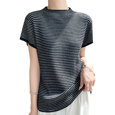 时尚百搭半高领条纹短袖T恤修身显瘦，女装T恤，东远绒业