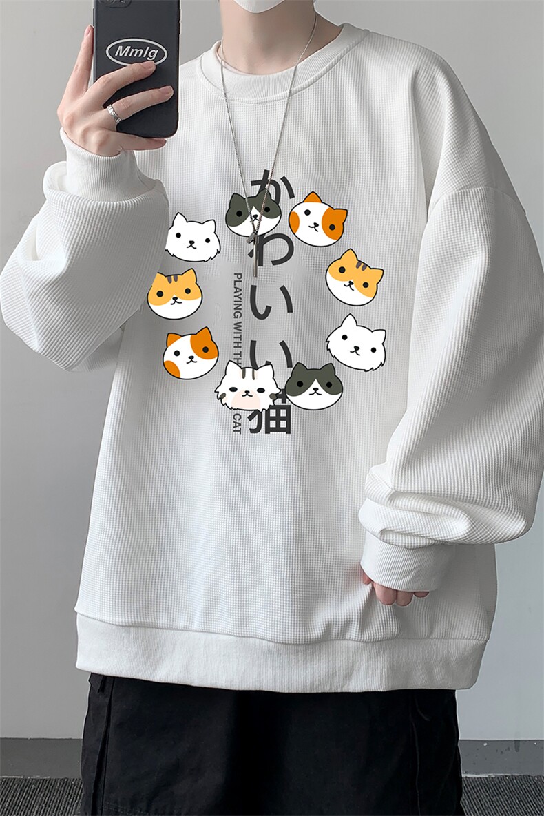 华夫格卫衣圆领卫衣男大码长袖t恤男外套HW76215-P30加绒款-P40,男装卫衣,电商A040