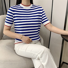 纯棉线条纹短袖T恤衫女圆领套头时尚宽松半袖背心短款针织上衣夏，女装针织衫/毛衣，玛莎羊绒