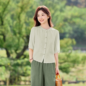 2026年夏季文艺风女短袖宽松亲肤透气苎麻文艺/优雅图片