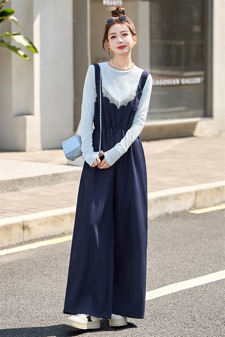 韩系氛围感穿搭套装女2025春季新款蕾丝拼接宽松背带裤休闲两件套,女装套装/套裙,伊仟回