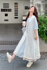 甜美减龄蕾丝镂空罩衫连衣裙套装女夏2025新款法式叠穿长裙两件套，女装套装/套裙，慧尚2-185