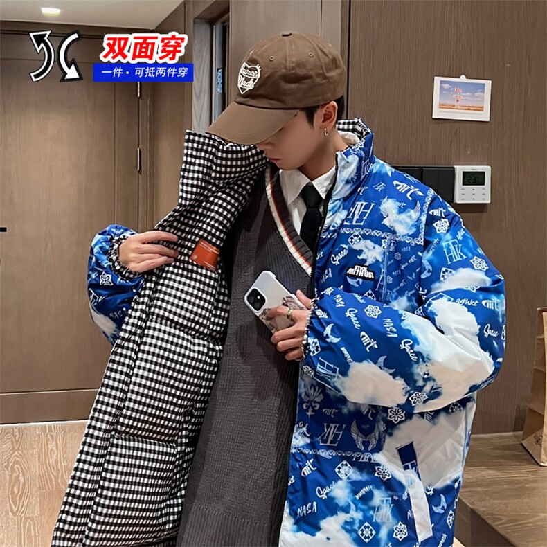 2025冬装双面穿格子棉衣男士立领港风棉服棉袄外套3327-P100控148,男装棉衣,星座207
