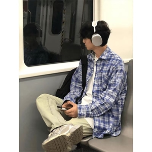 潮牌美式复古蓝色格子衬衫女春秋款设计感小众长袖上衣高街外套图片