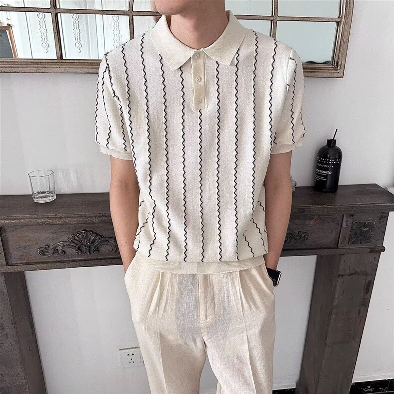 2025夏季新款条纹Polo衫男翻领上衣休闲半袖薄款提花男士针织t恤图片
