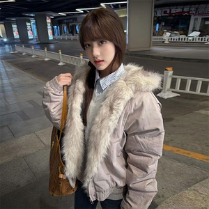 现货高品质美式高街冬季重磅硬挺短款座山雕毛领棉衣男女加厚外套图片