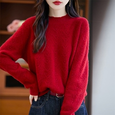 25秋冬加厚100%纯羊毛衫女半高领亮片针织毛衣宽松提花羊绒衫打底，女装羊毛衫，大美人包芯纱店