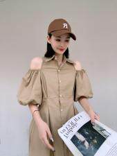 韩版漏肩泡泡袖连衣裙，女装连衣裙，玩美