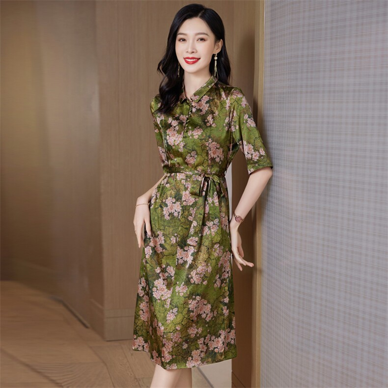 纯苎麻复古文艺法式方领显瘦减龄气质洋气黄色蓝色碎花印花连衣裙,女装连衣裙,阿舍尔精品