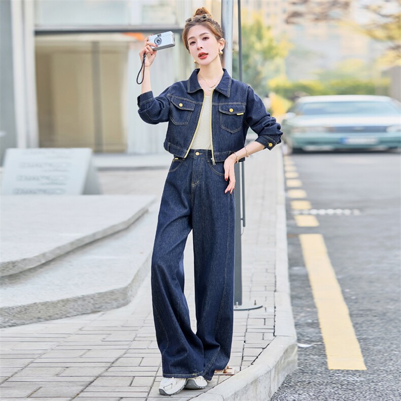 牛仔套装女2025春秋新款韩系高级感超火休闲洋气减龄阔腿裤两件套,女装套装/套裙,浪花E族（衣布洛）