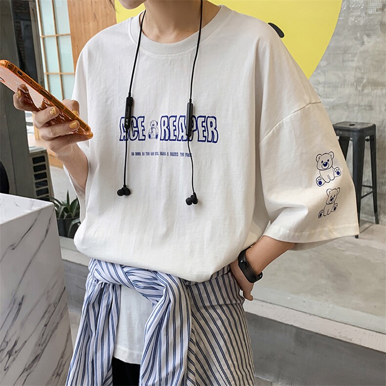 【】A003-HT1179-P25夏装新款可爱熊印花男士短袖T恤女模1,男装T恤,电商A003