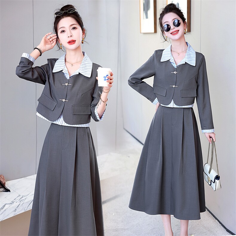 2025春装翻领条纹撞色两件套减龄气质套装裙，女装套装/套裙，施恩睿棋