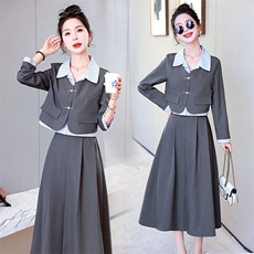 2025春装翻领条纹撞色两件套减龄气质套装裙，女装套装/套裙，施恩睿棋