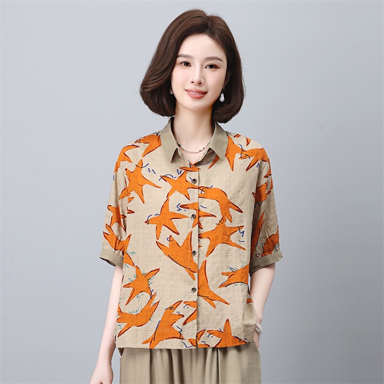 时尚宽松短袖衬衫女2024夏季新款休闲印花上衣遮肉显瘦百搭衬衣，女装衬衫，悦见她