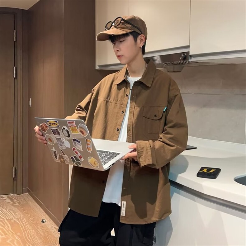纯棉长袖衬衫工装高街潮流复古外套山系休闲潮牌痞帅衬衣CS06-P40,男装衬衫,星座1109-3