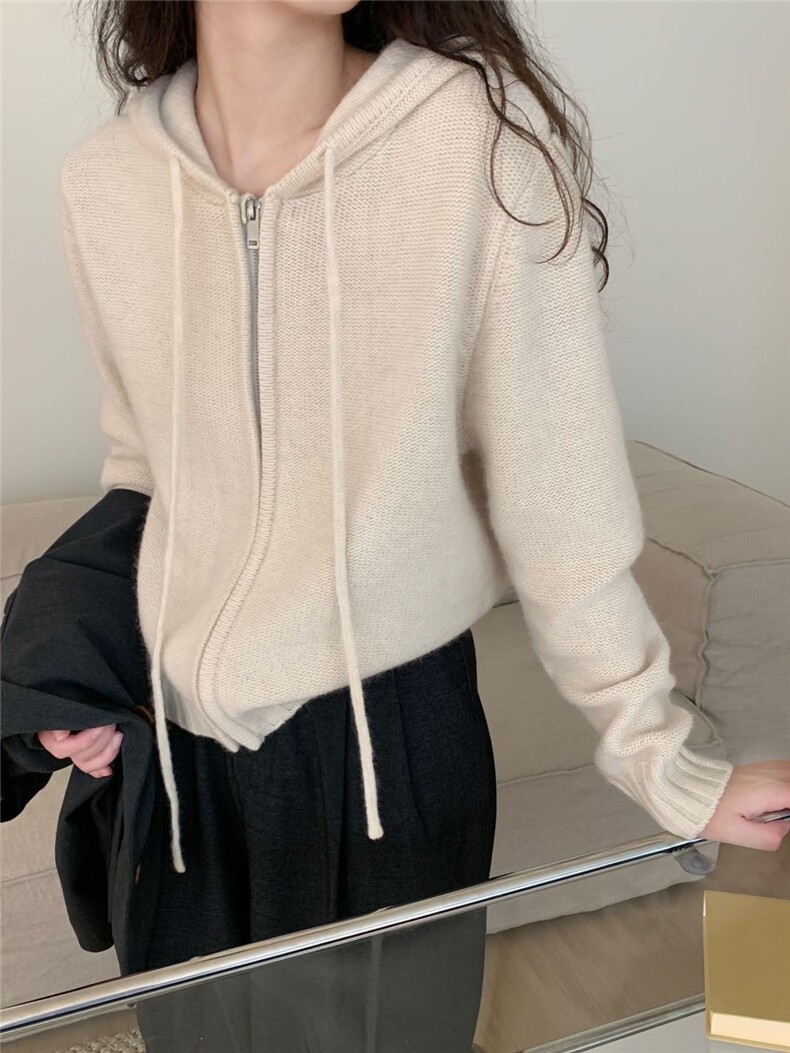 时尚百搭正反针仿羊毛拉链帽衫显瘦保暖女士针织衫,针织衫/毛衣,雪真羊绒