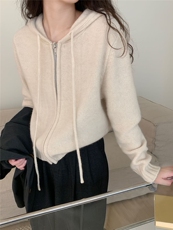 时尚百搭正反针仿羊毛拉链帽衫显瘦保暖女士针织衫，女装针织衫/毛衣，雪真羊绒