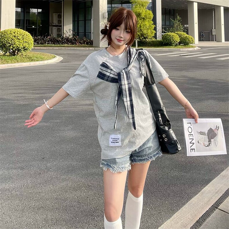 拼接格子布装饰高品质260克双纱纯棉美式高街短袖T恤特P35，男装T恤，电商A486-1