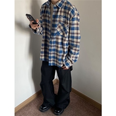 春秋季新款蓝色格子衬衫上衣男女美式街头复古外套设计感长袖衬衫，男装衬衫，星座506A